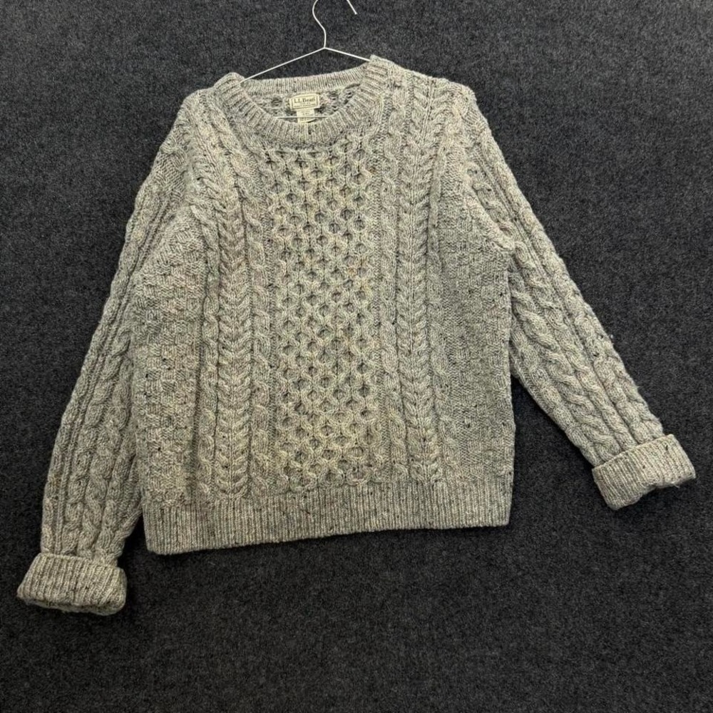LL Bean Irish Fisherman Cable Knit Sweater Men's Medium Gray Wool